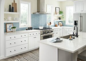 Blue tile backsplash coastal look kitchen