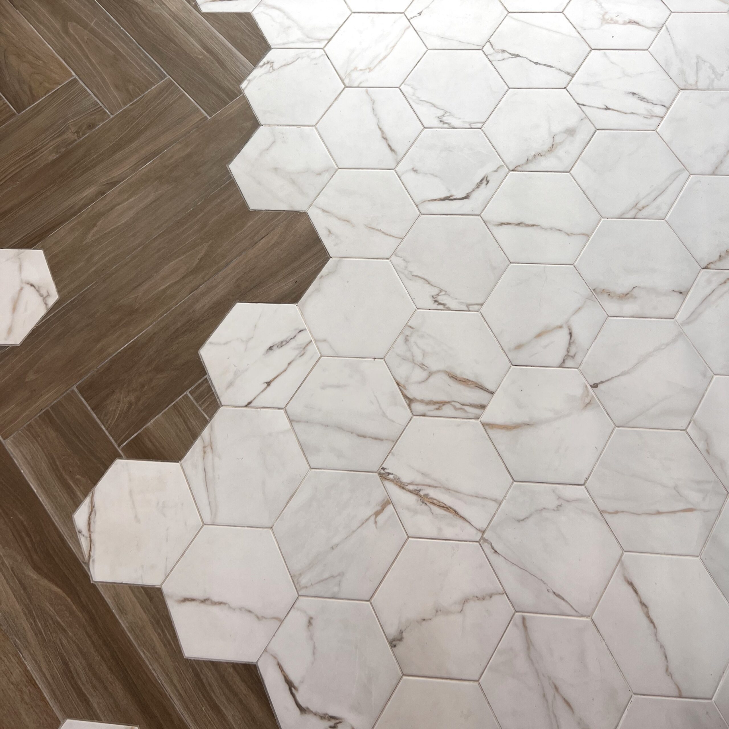 Wood look flooring tile transition to hexagon tile
