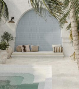 Penny round Bedrosians tiles used on wall in beautiful outdoor oasis 
