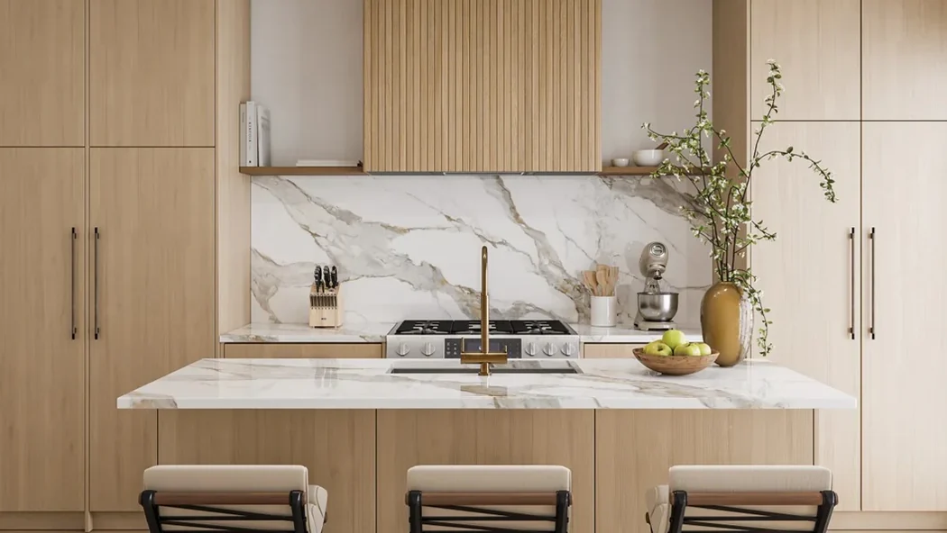 Strata Porcelain tile covered range hood for kitchen