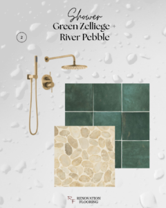shower tile combination design board with green square tile, river rock pebbles and bronze shower fixture