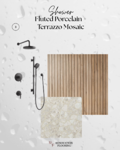 Shower sample design board fluted porcelain wood look tile and terrazzo mosaic for shower floor