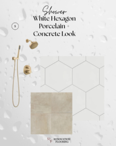 Shower tile combination design board with white hexagon tile and concrete look floor tile