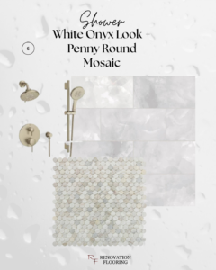 Luxury shower design with white onyx look tile, multi-colored penny round marble, and champagne bronze shower hardware